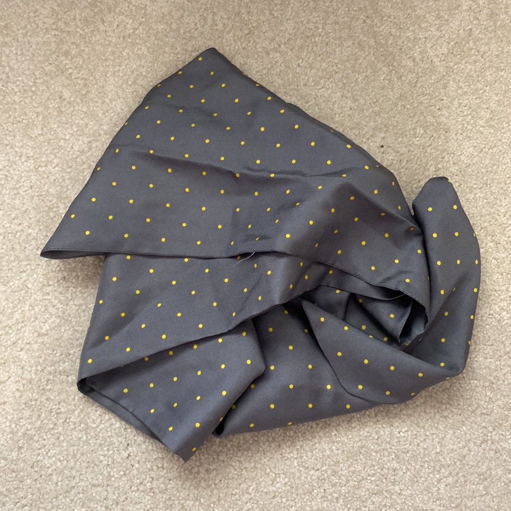 Adorable grey & yellow polka dot silk scarf (68” length)